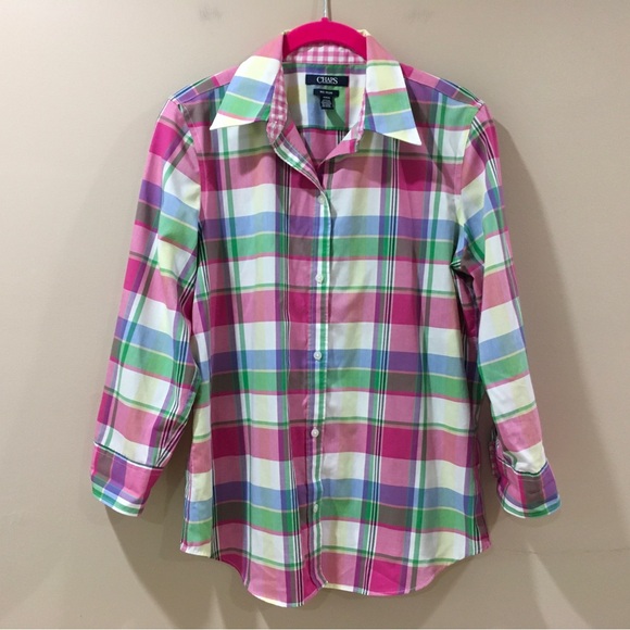Chaps Tops - Chaps women M Shirt Top No Iron Long Sleeve Plaid Pink Western Nautical Coastal